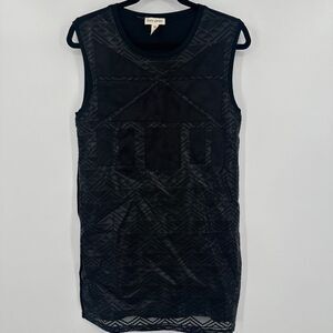 Liberty Garden Dress‎ Women's M Black Geo Print Mesh Faux Leather Round Neck